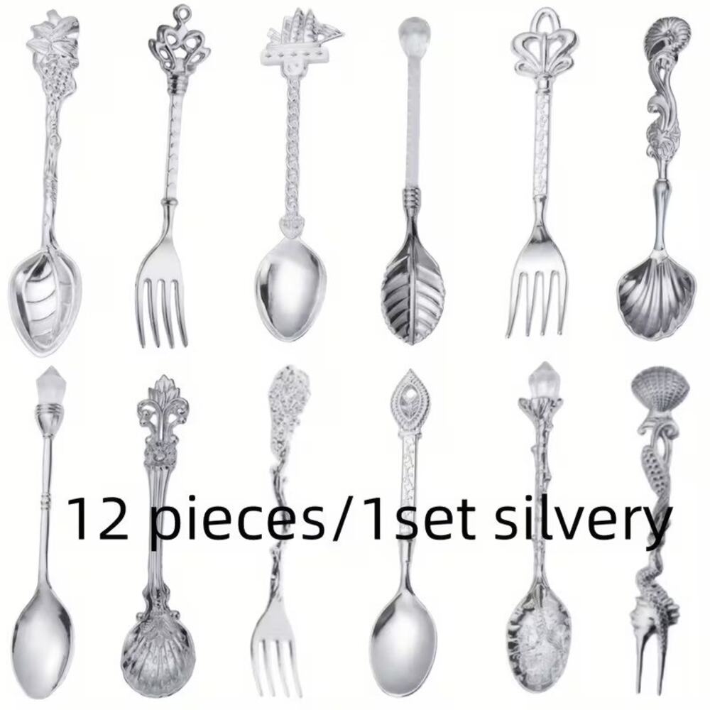 12Pcs Vintage Style Silver Mini Spoons & Forks Set – For Coffee, Dessert, Tea